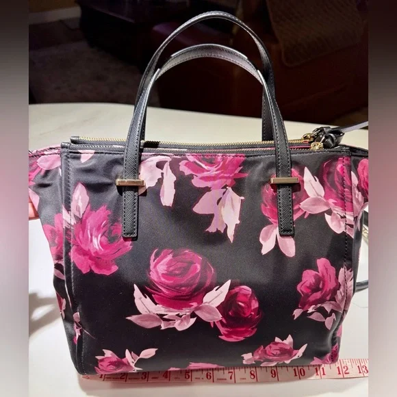 KATE SPADE Crossbody Nylon Tote, P436 Black Pink Roses - Picture 8 of 16